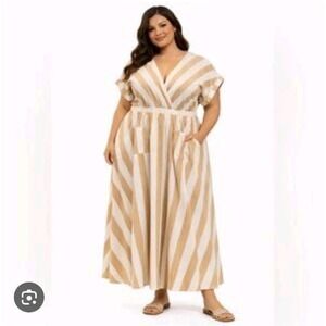 Ashley Stewart Tan White‎ Striped Linen Blend Maxi Dress Size 16